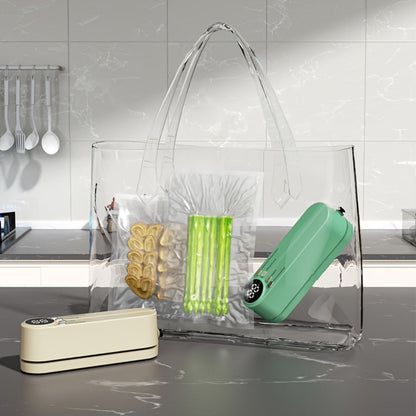 Compact Rechargeable Bag Vacuum Sealer with Digital Display, One-Touch Controls and Beige or Green Finish