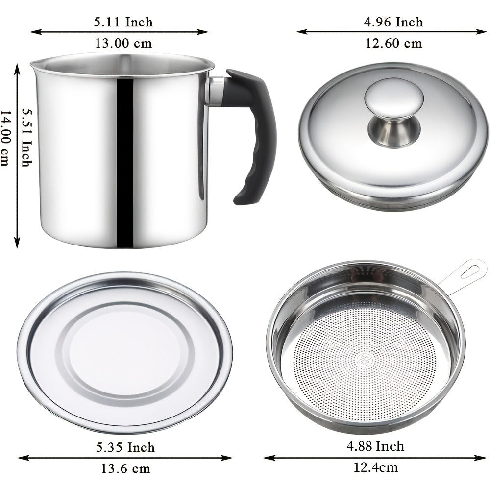 Grease Container with Strainer Stainless Steel – Kitchen Bacon Fat Storage Can with Easy Pour Handle for Cooking Oils and Fats