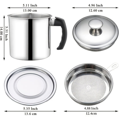 Grease Container with Strainer Stainless Steel – Kitchen Bacon Fat Storage Can with Easy Pour Handle for Cooking Oils and Fats