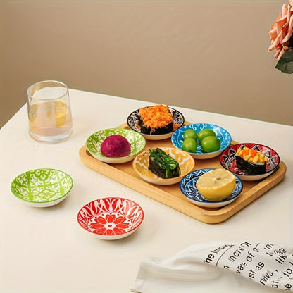 Ceramic Condiment Dish Set of 10, Bohemian Small Saucer Dipping Bowls for Soy Sauce, Vinegar & Spices