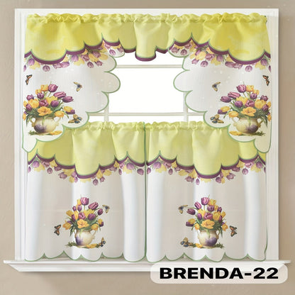 Kitchen Curtains 3 Piece Set Embroidered Satin Valance and Tiers – Rod Pocket Light Filtering Machine Washable 46 Colors