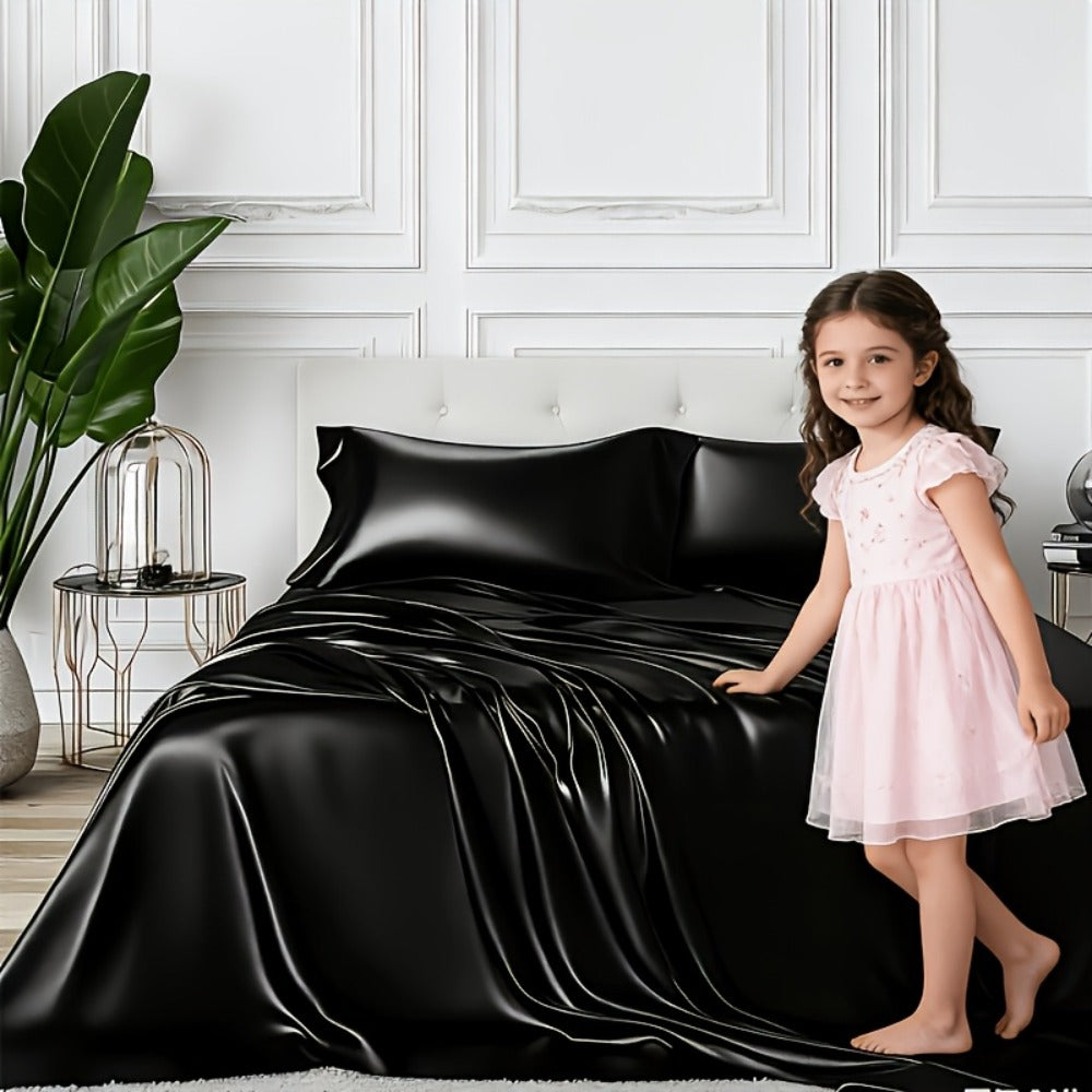 Sheet Set, Satin Bedding with 16-Inch Fitted Pocket, Three- or Four-Piece Size Configuration and Seven Solid Colors