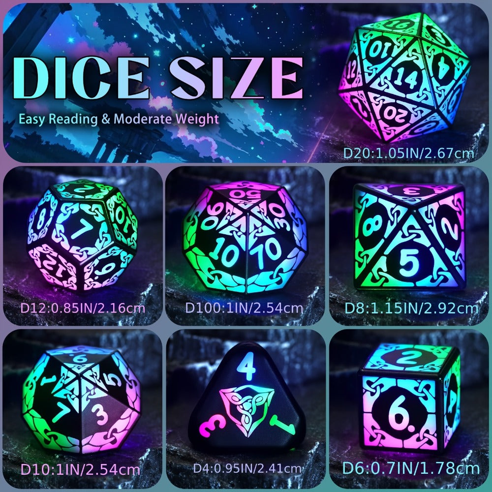 LED Dice Set 7pcs Wireless Rechargeable Light Up, Colorful Glowing Polyhedral Dice with Charging Box