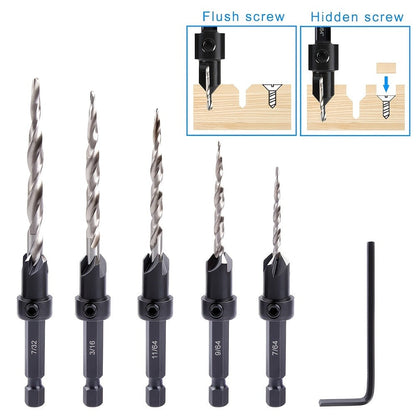 5pcs Countersink Drill Bit Set #4 #6 #8 #10 #12 Tapered with 1/4" Hex Shank Quick-Change for Entryways, Bedrooms and Living Spaces