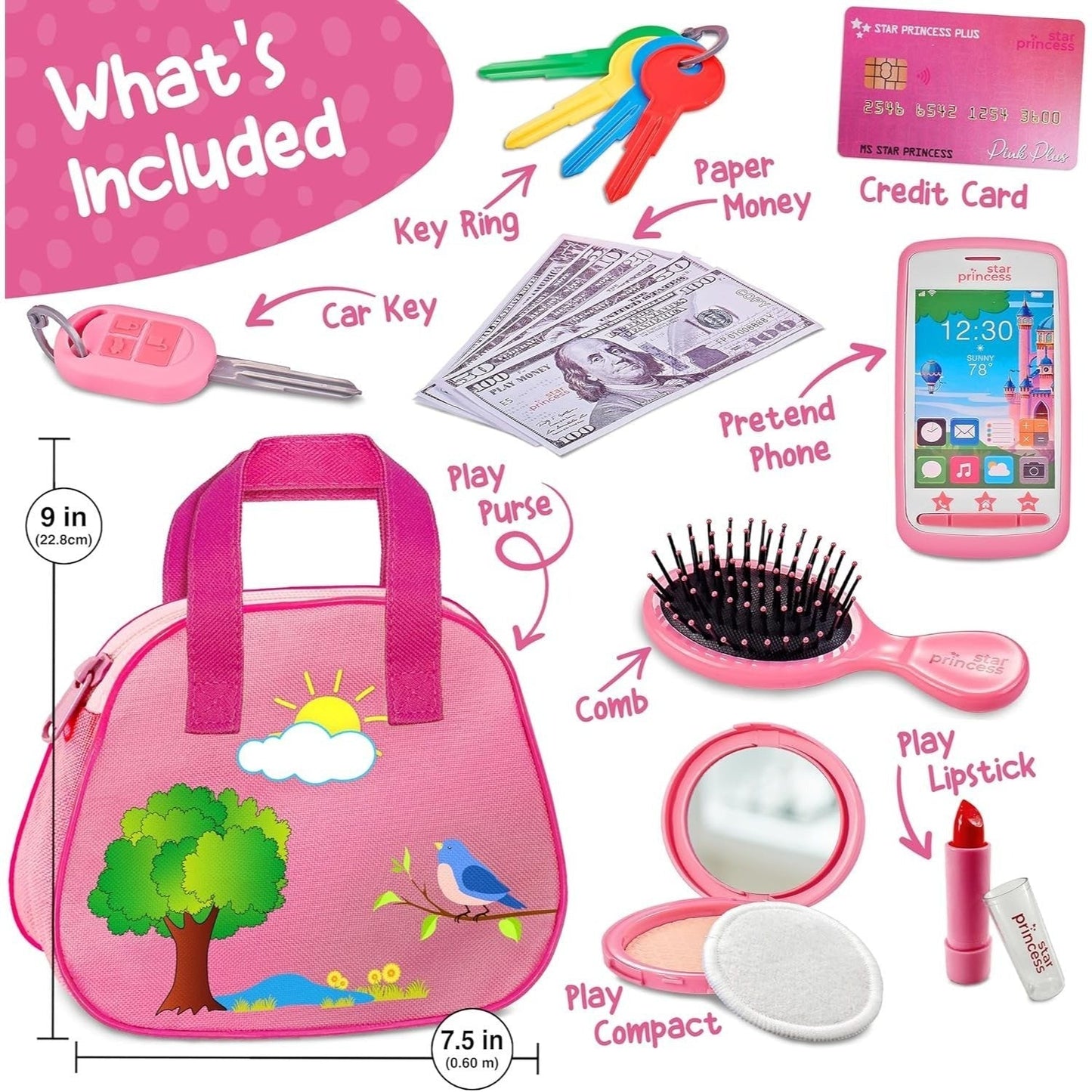Girls Play Purse Set with Accessories 9pcs, Pretend Makeup, Toy Keys, Fake Phone & Credit Card, Toddler Dress Up Handbag Role Play Toy