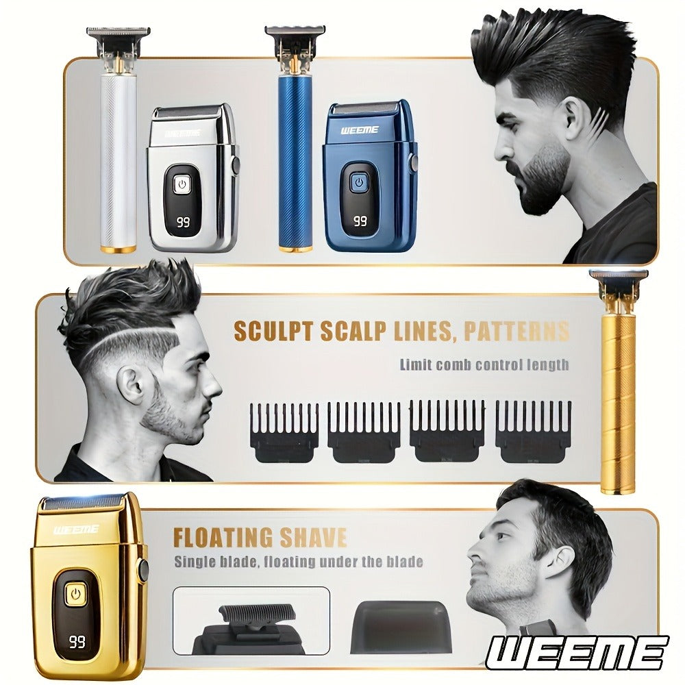Hair Clipper WEEME Gold or Blue Three-Tool Grooming Set with LCD Display, USB Charging and Guide Combs