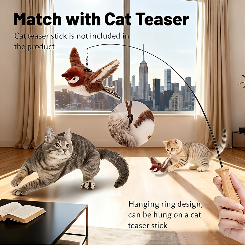 Flying Sparrow Cat Toy with Flapping Wings & Chirping Sound – USB Rechargeable Plush Bird Cat Toy, Touch-Start Interactive Feather Toy