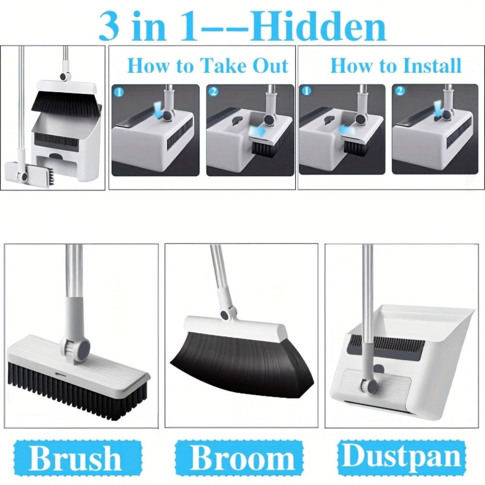 Broom and Dustpan Set with Long Handle - 2-in-1 3-in-1 4-in-1 Foldable Broom Dustpan Combo with Floor Brush for Home Office Dorm Room