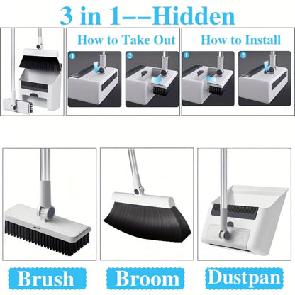 Broom and Dustpan Set with Long Handle - 2-in-1 3-in-1 4-in-1 Foldable Broom Dustpan Combo with Floor Brush for Home Office Dorm Room