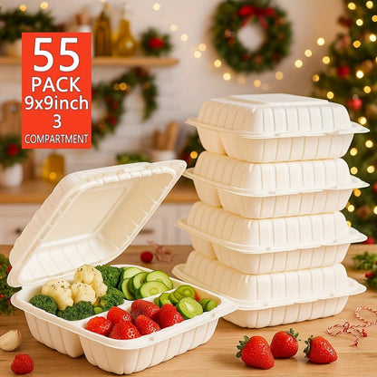 Disposable Food Containers Take Out Boxes with Lids - 7" 8" 9" Plastic Clamshell Meal Prep Containers 1 & 3 Compartment Reusable White
