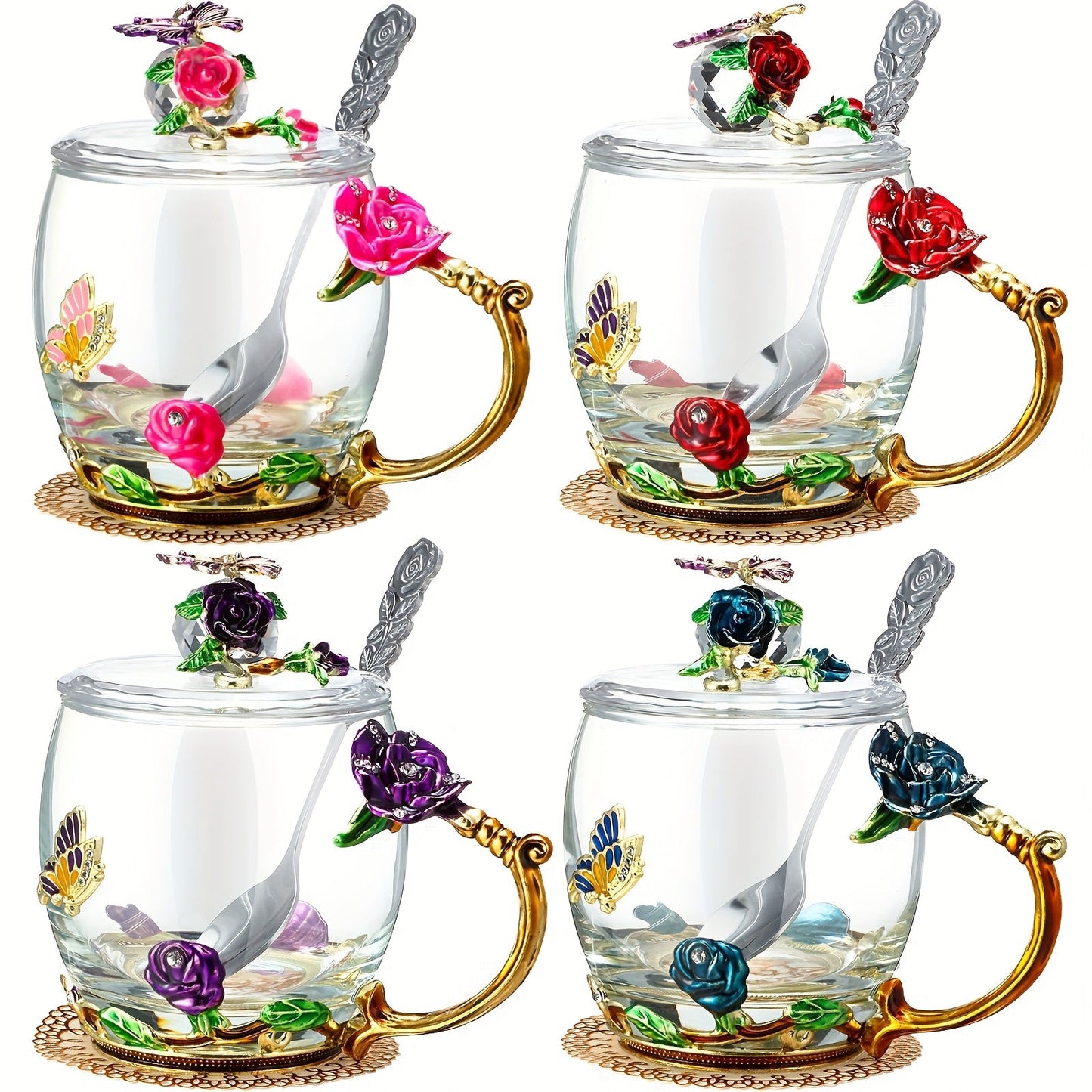 Flower Glass Tea Cups with Lids and Spoon Set of 4, Butterfly Floral Vintage Clear Glass Mugs 11oz