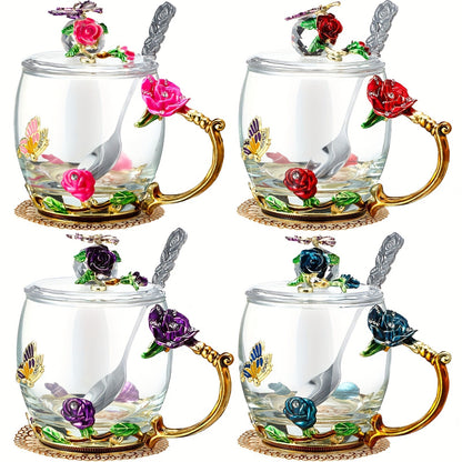 Flower Glass Tea Cups with Lids and Spoon Set of 4, Butterfly Floral Vintage Clear Glass Mugs 11oz