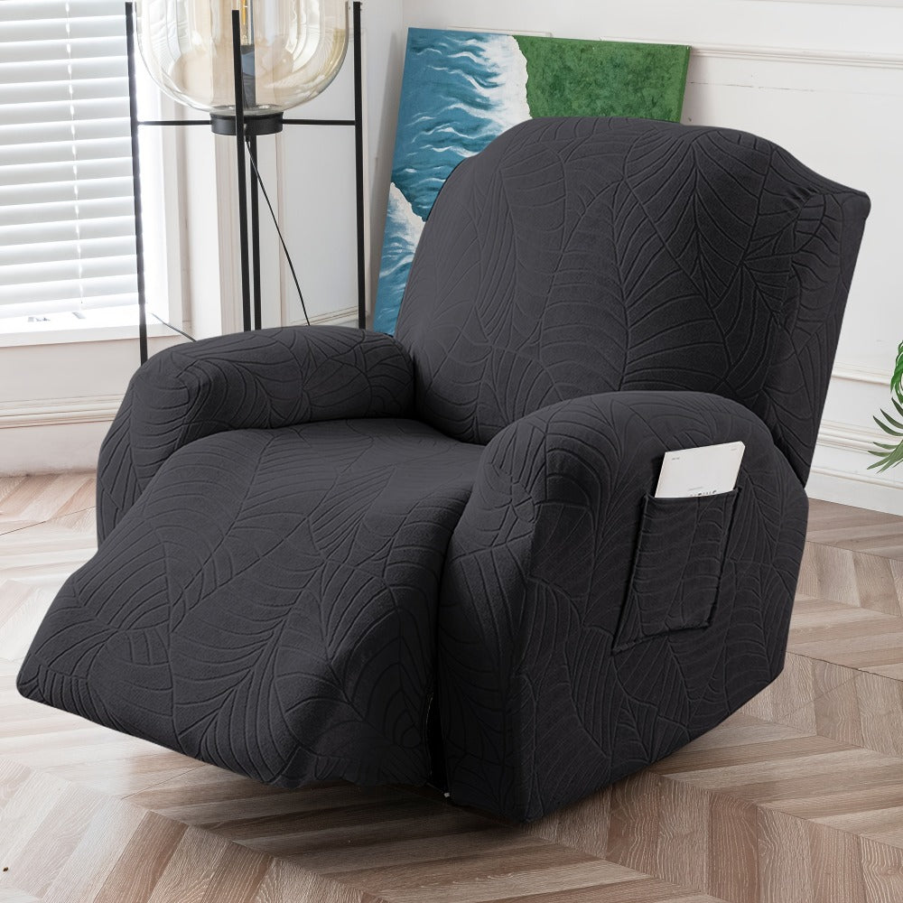 Recliner Chair Cover Slipcover 4-Piece Set – Leaf Jacquard Stretch Furniture Protector with Storage Pocket