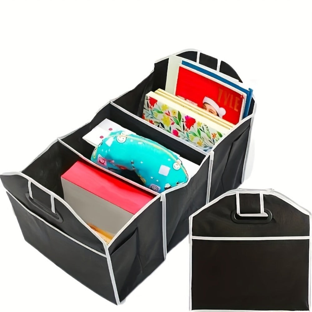 Car Trunk Organizer, Foldable 3-Compartment Black Storage Bin with Carry Handles and 1- or 2-Piece Options