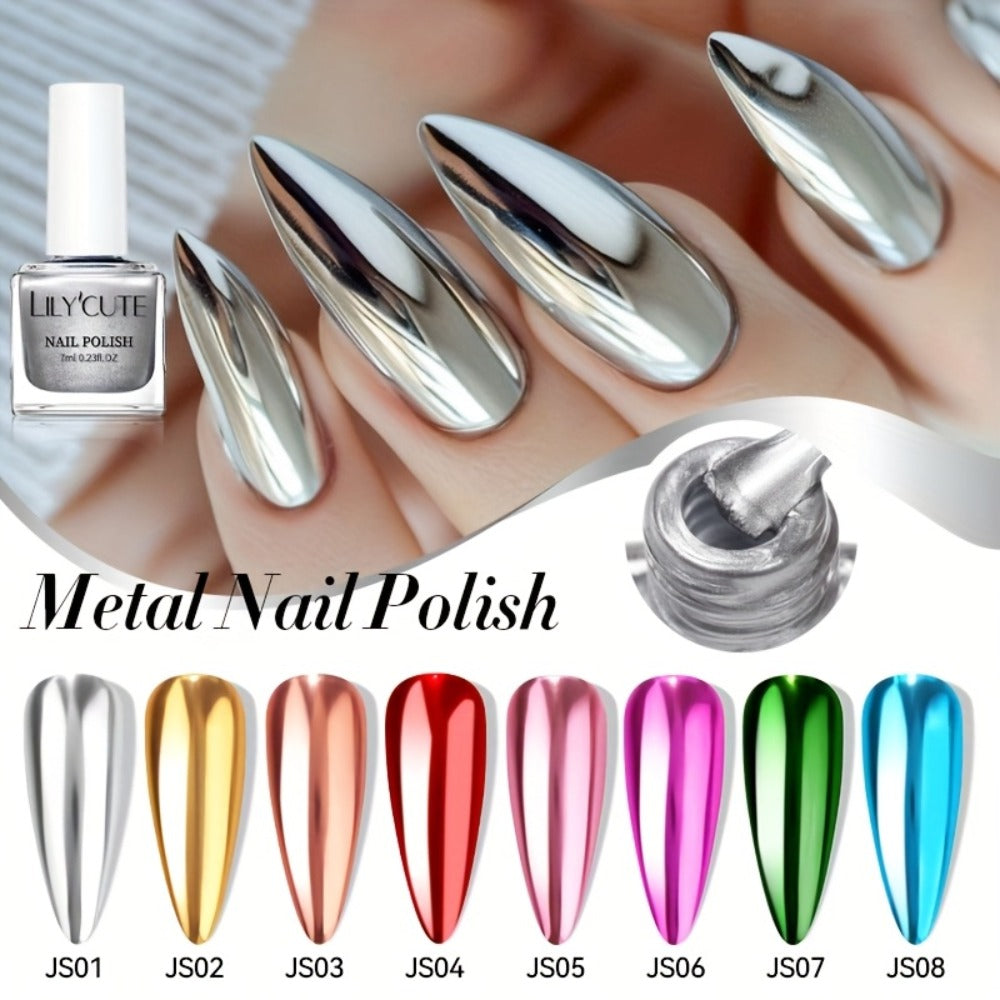 Eight-Piece Metallic Nail Polish Set with JS01–JS08 Mirror-Color Shades in 0.24 oz Glass Bottles