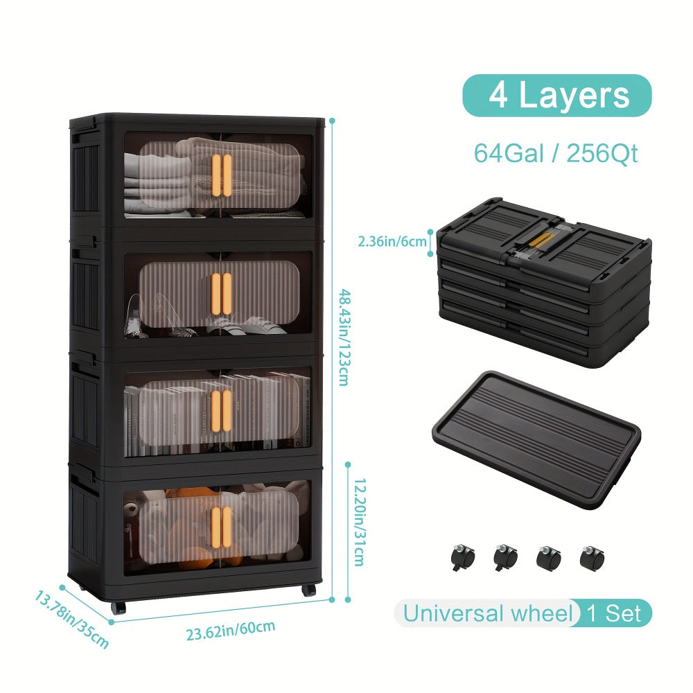 Storage Cart 4 or 5-Tier Enclosed Plastic Organizer with Double Doors, Folding Panels and Lockable Wheels