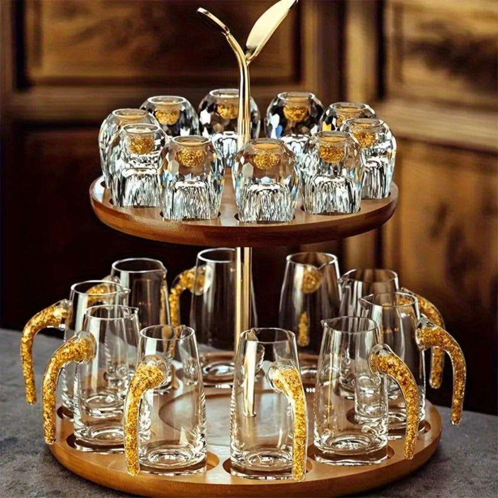 24K Gold Plated Crystal Wine Set – 1 Decanter & 6 Cups with Leakproof Crystal Glasses – Elegant Black Gift Box – Luxury Home Bar