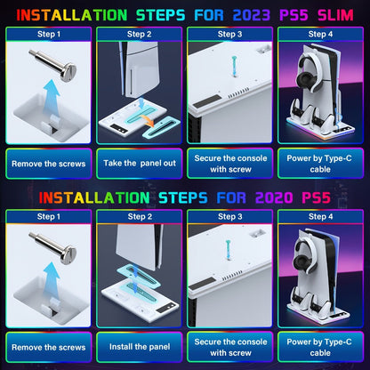 10 RGB Lights PS5 Cooling Stand with 3-Level Fan, Dual Controller Charging Station, USB Hub & Type-C Port