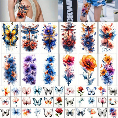 Temporary Tattoos GLARYYEARS 45-Sheet Watercolor Floral Set with 12 Large and 33 Small Designs for Arm, Wrist and Shoulder