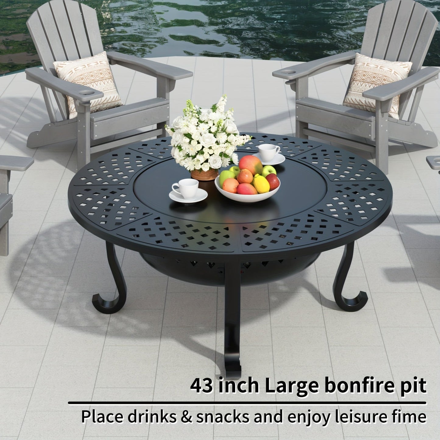 43-Inch Round Fire Pit Table with Two Cooking Grates, Center Lid, Perforated Bowl and Long Poker