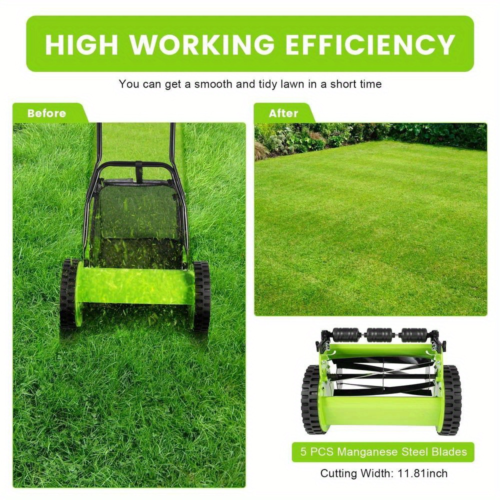 Manual Reel Lawn Mower 5-Blade Push Mower 11.8-Inch Cutting Width Adjustable Height 0.47"-1.77" for Garden, Patio and Yard Use
