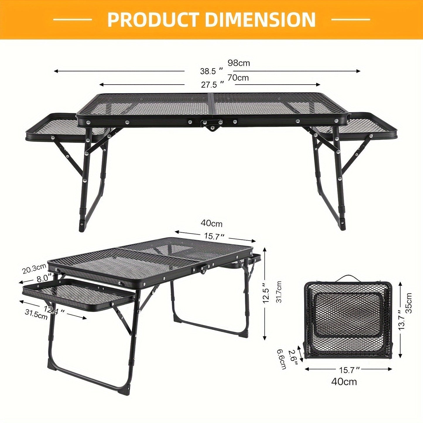 Portable Folding Camping Table with 2 Wingboards & Mesh Top – Height Adjustable Outdoor Grill Side Table for Picnic Barbecue Beach