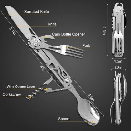 Portable Travel Cutlery Set – Removable Spoon, Fork & Knife with Bottle Opener – Compact Stainless Steel Utensils for Camping, Hiking