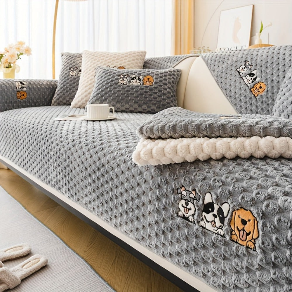 Sofa Cover, Honeycomb Velvet Animal-Embroidered Couch Pad with Backing Detail in Three Colors