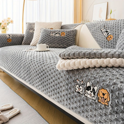 Sofa Cover, Honeycomb Velvet Animal-Embroidered Couch Pad with Backing Detail in Three Colors