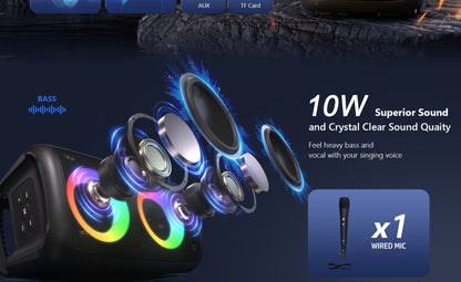 Portable Bluetooth Speaker Kinglucky Karaoke Model with 5.2 Wireless, RGB Lights, Included Mic, USB, TF and FM
