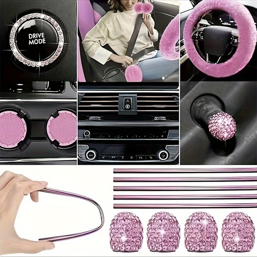Car Interior Accessories Set for Women 45-Piece – Plush Steering Wheel Cover, Seat Cushion & Pendant, Universal Fit All Seasons