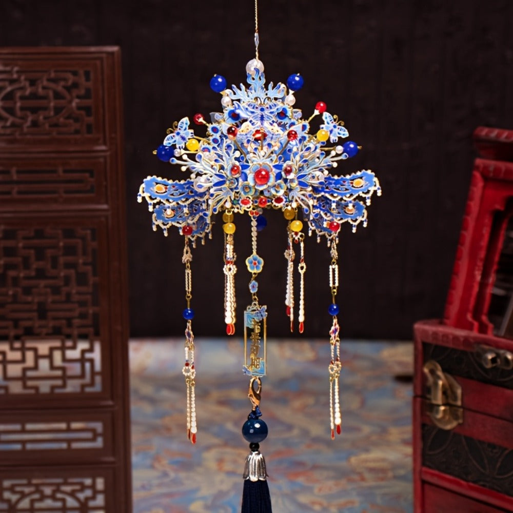 3D Metal Puzzle Phoenix Crown Qingluan – Blue & Gold DIY Assembly with Beads & Tassels, Chinese Mythology Art Collectible