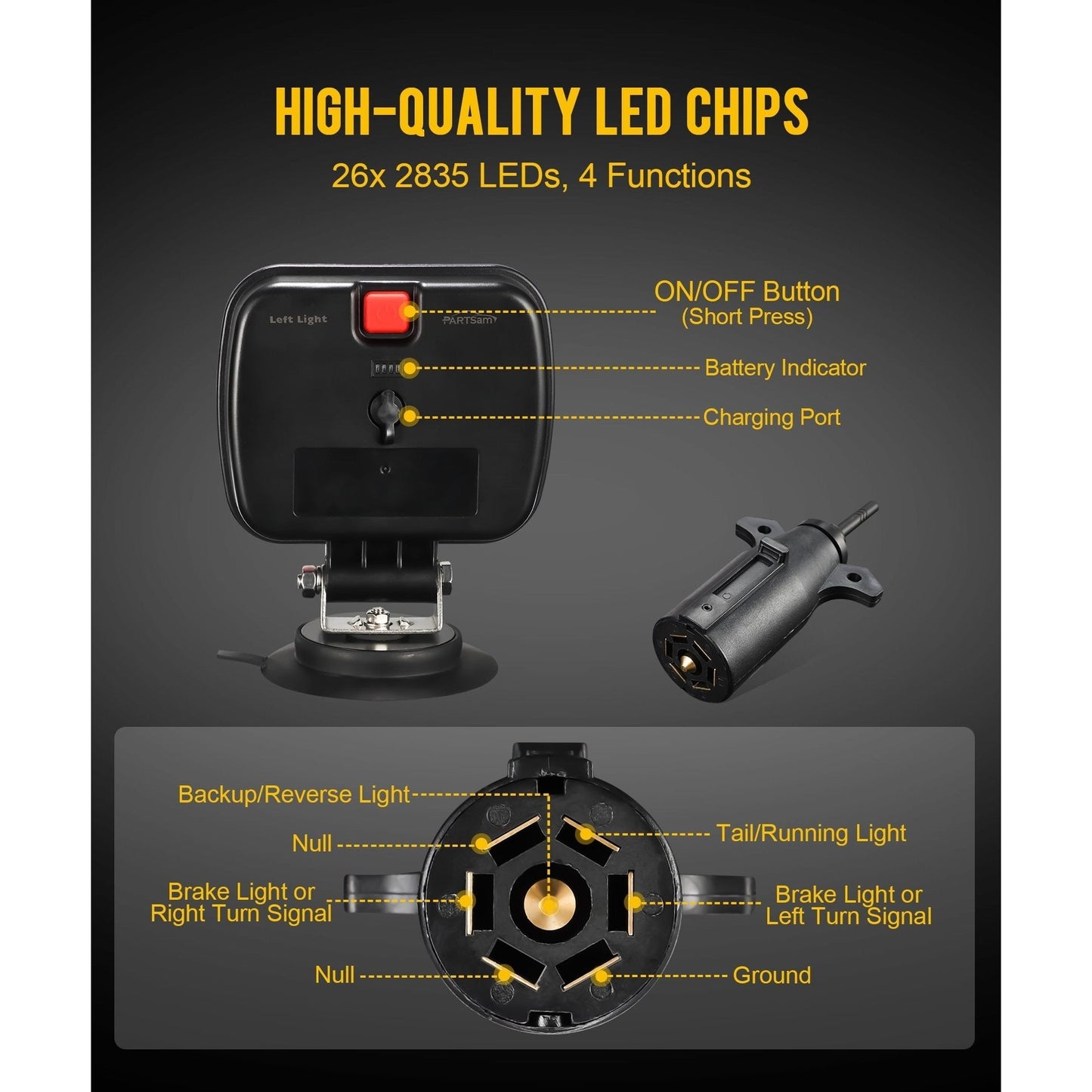 Wireless Magnetic LED Trailer Light Kit – 26 LED Towing Tail Light Stop Turn Brake Reverse, 7-Pin Plug 12-24V IPX5 Waterproof