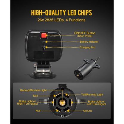 Wireless Magnetic LED Trailer Light Kit – 26 LED Towing Tail Light Stop Turn Brake Reverse, 7-Pin Plug 12-24V IPX5 Waterproof