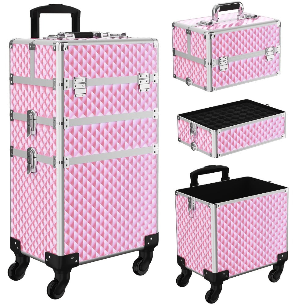 Three-Section Rolling Makeup Train Case with Telescoping Handle in Black or Pink and Sponge Set