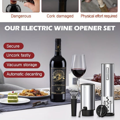 Electric Wine Opener Gift Set 7-in-1 Rechargeable Automatic Corkscrew Stainless Steel with Aerator Pourer Vacuum Stoppers Foil Cutter