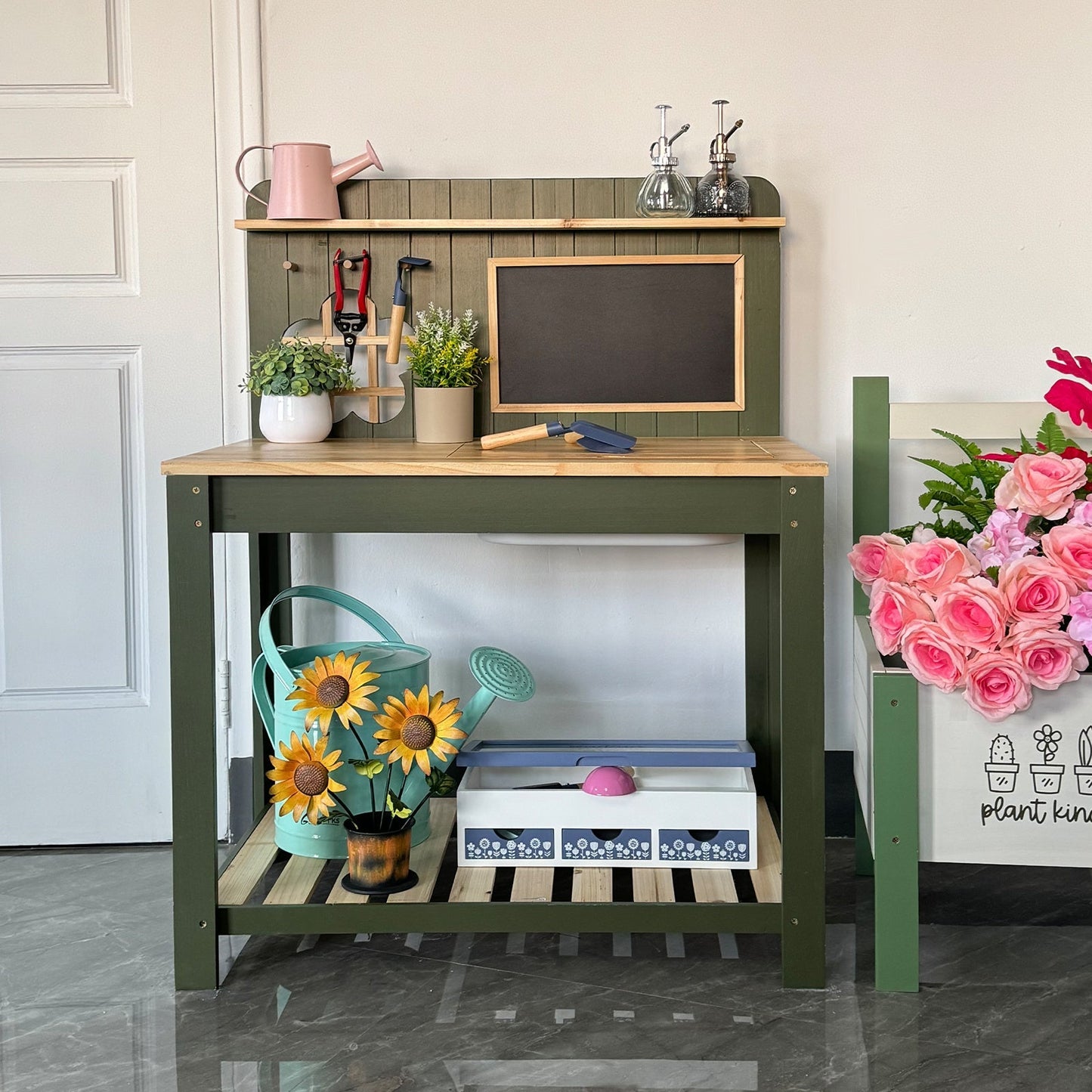 Potting Bench Table Cedar Wood Garden Workstation with Blackboard Removable Sink Hooks Double Shelf for Garden, Patio and Yard Use