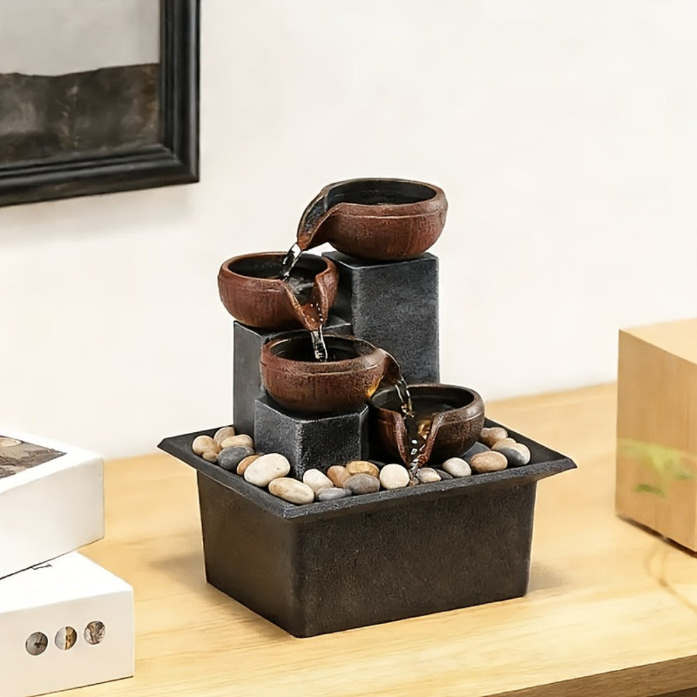 Tabletop Water Fountain Indoor, 4-Level Desktop Waterfall with LED Lights & Natural River Stones