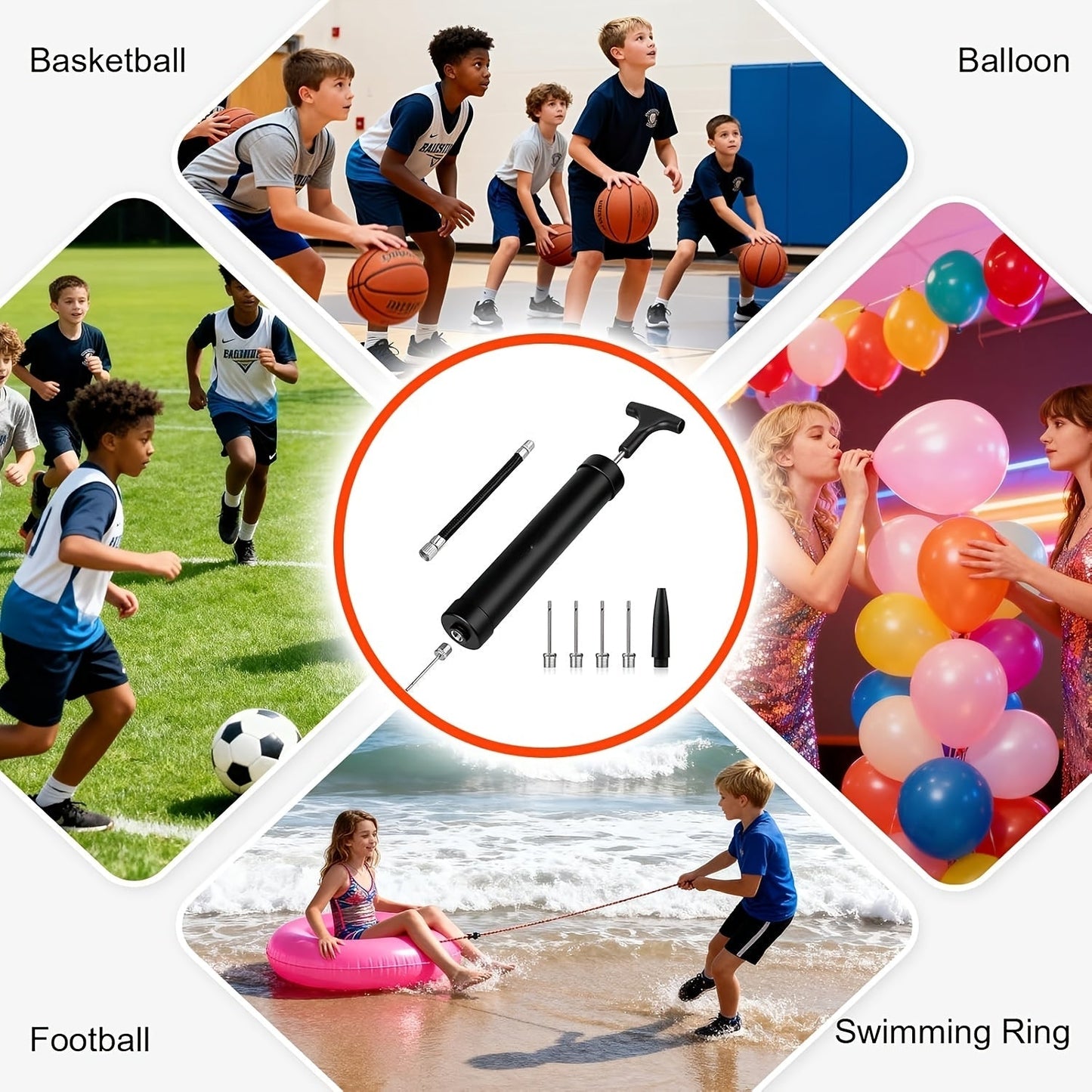 Portable Ball Pump Kit 8 Inch – Manual Air Pump with 5 Needles, Nozzle & Extension Hose for Basketball, Soccer, Football