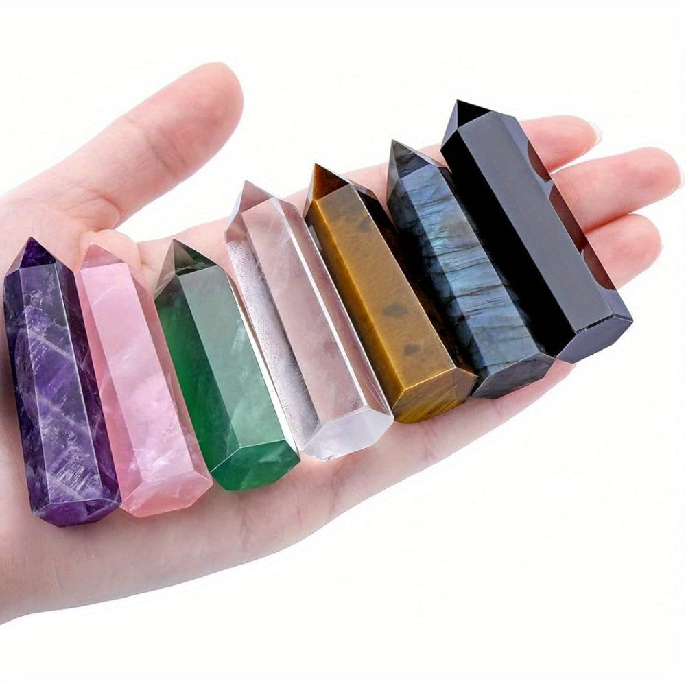 Seven-Piece 2.2-Inch Hexagonal Crystal Tower Set with Seven Assorted Colors for Shelf and Desk Display
