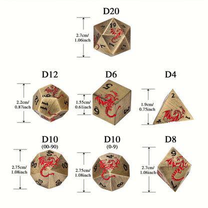 Dragon Metal Dice Set 7pcs Hand-Polished, Retro Carved Dragon Pattern Polyhedral DnD TTRPG RPG Dice with Dragon Storage Bag