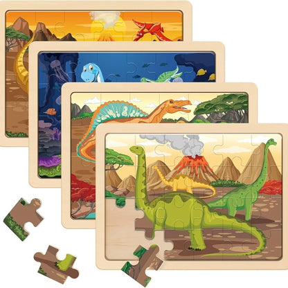 Dinosaur Puzzle Set for Kids Ages 3-8 Wooden 4-in-1 Jigsaw with 24 Pieces Each, Colorful Preschool Educational Toy for Boys & Girls
