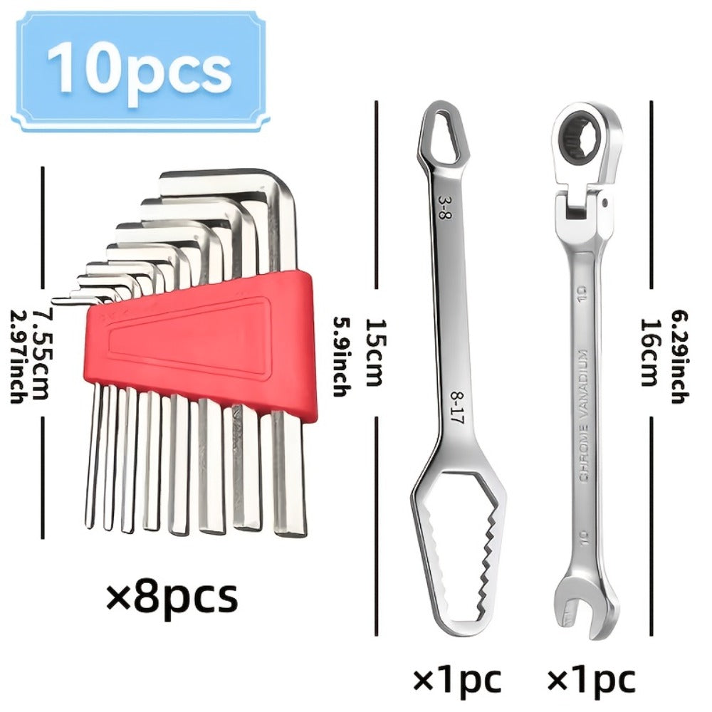 Wrench Set 10-Piece Multi-Function, 8 Hex Wrenches, Flare Wrench & 10mm Ratchet Wrench, Chrome Vanadium Steel