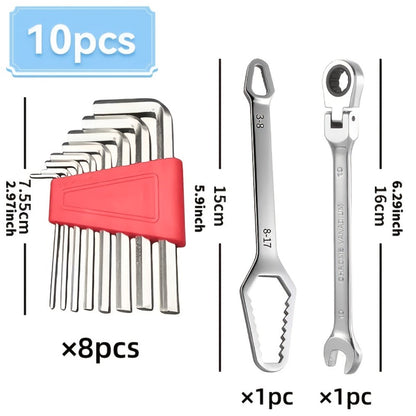 Wrench Set 10-Piece Multi-Function, 8 Hex Wrenches, Flare Wrench & 10mm Ratchet Wrench, Chrome Vanadium Steel