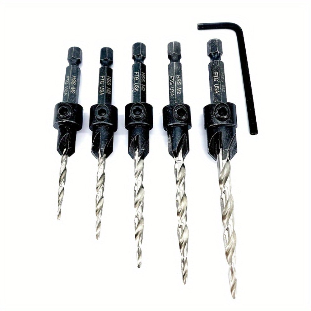 5pcs Countersink Drill Bit Set #4 #6 #8 #10 #12 Tapered with 1/4" Hex Shank Quick-Change for Entryways, Bedrooms and Living Spaces
