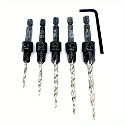 5pcs Countersink Drill Bit Set #4 #6 #8 #10 #12 Tapered with 1/4" Hex Shank Quick-Change for Entryways, Bedrooms and Living Spaces