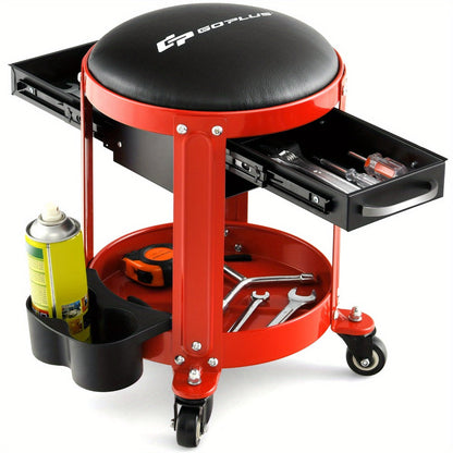 Rolling Workshop Stool with Drawers – 330 lb Mechanic Seat with 2 Storage Drawers, Cup Holders, Tool Tray