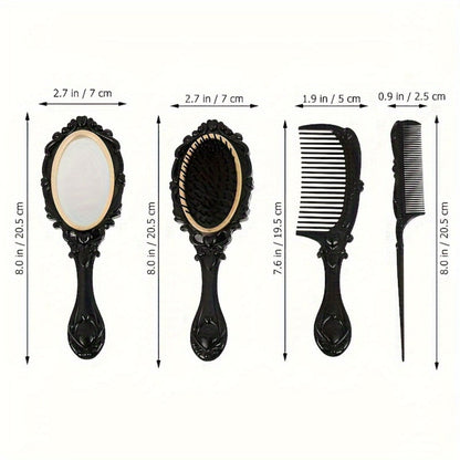Retro Hair Comb Set with Mirror Scalp Massage Hairbrush Pocket Mirror Vintage Vanity Brush Set for Women Girls Travel Daily Grooming Makeup