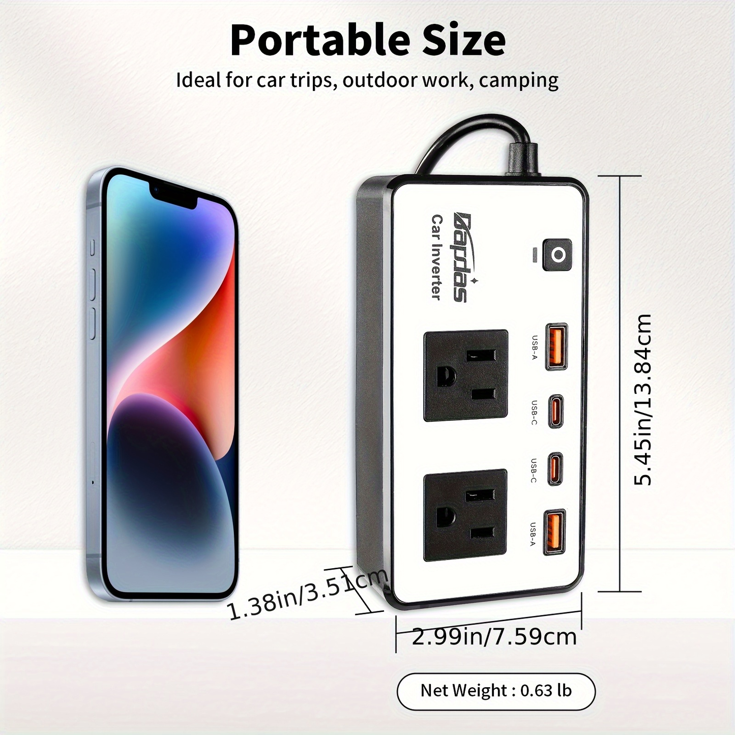 Car Inverter 200W DC 12V to AC 110V with Dual AC Outlets 24W USB-C Fast Charging 4 USB Ports Portable for Garden, Patio and Yard Use