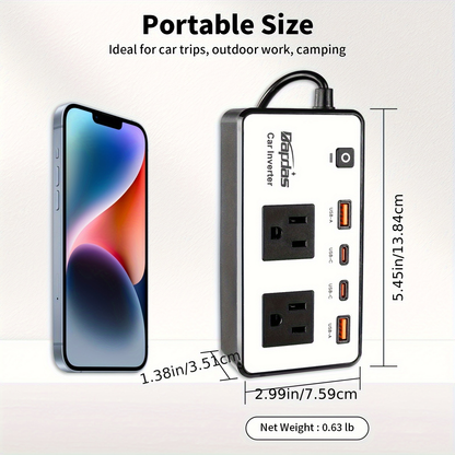Car Inverter 200W DC 12V to AC 110V with Dual AC Outlets 24W USB-C Fast Charging 4 USB Ports Portable for Garden, Patio and Yard Use